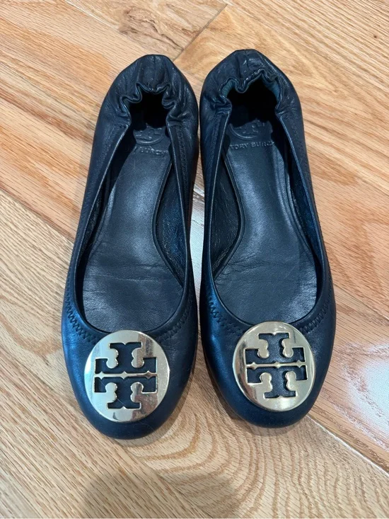 Tory Burch Black Leather Logo Ballet Flats