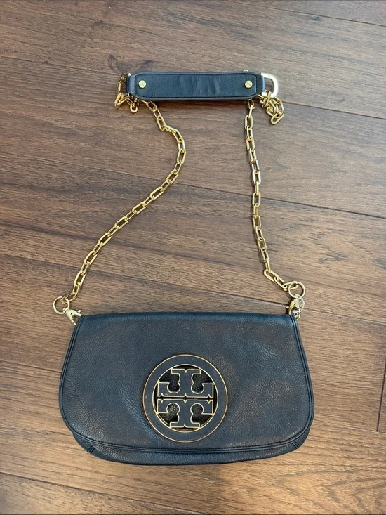 Tory Burch Black Leather Crossbody with Gold-Tone Logo and Chain - C39-182