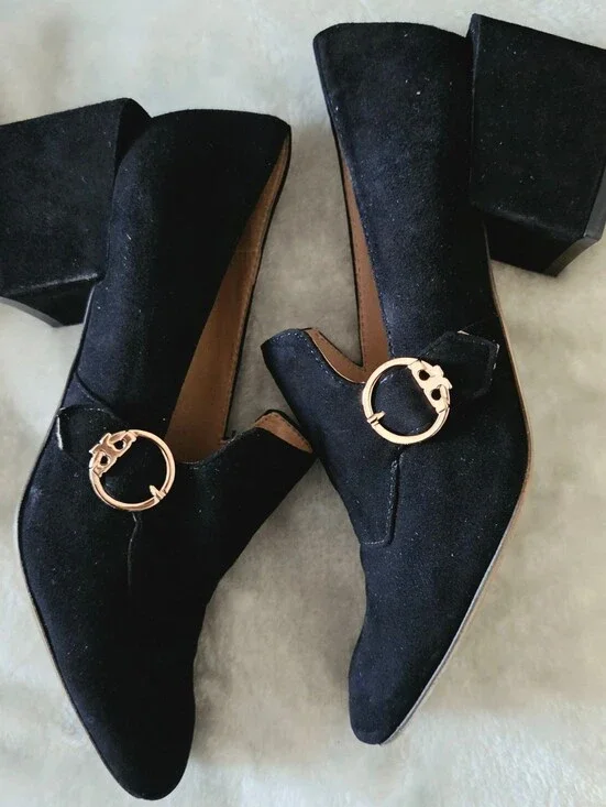 Tory Burch Black Suede Block Heel Loafers with Gold Logo Buckle
