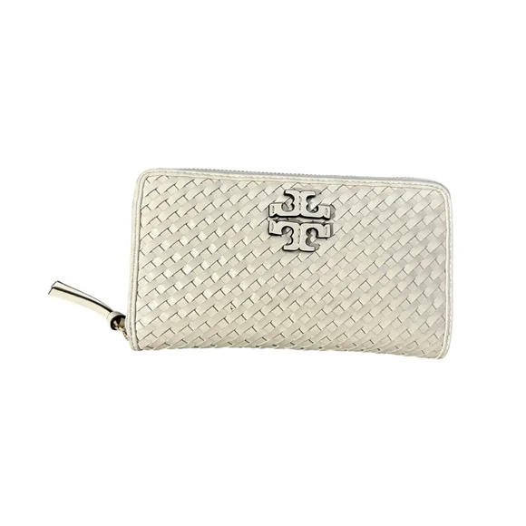 Tory Burch Cream Woven Leather Zip Around Wallet One Size