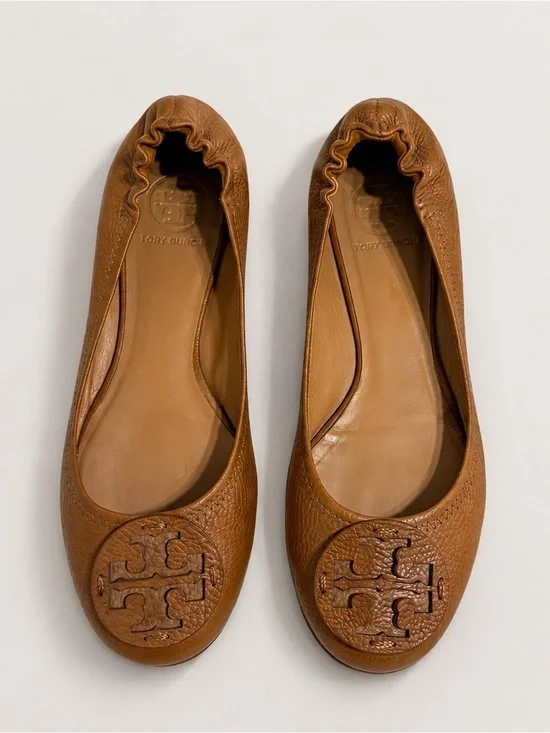Tory Burch Brown Leather Logo Ballet Flats