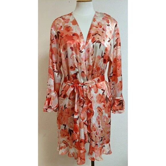 Women's Oscar de la Renta Pink Label Floral Print Ruffle Trim Robe LG