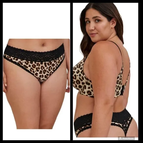 5X 28W Torrid Leopard Thong Panty Lace Trim Mini Lattice Back Retro Lingerie Bla