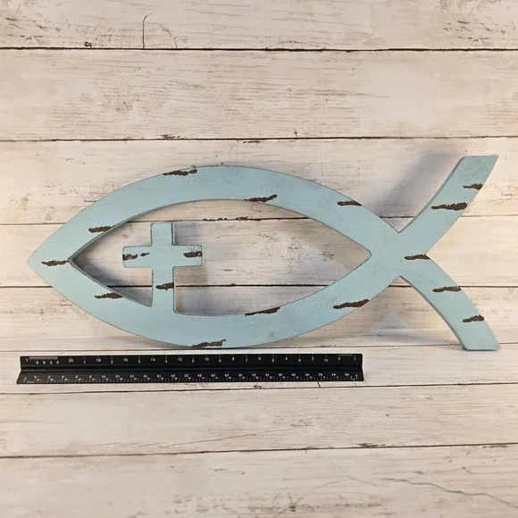 Rustic Wood Ichthys Fish Cross Wall Decor Distressed Light Blue Christian Sign