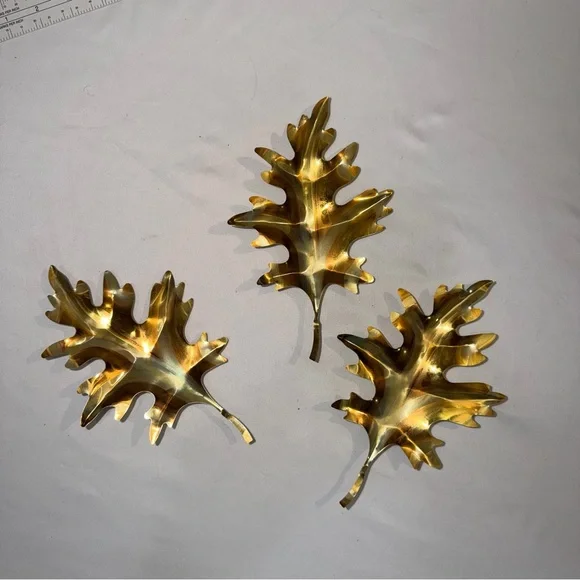 Vintage 1970s Brass Copper Oak Leaves Set of 3 Home Interior Wall Art Boho