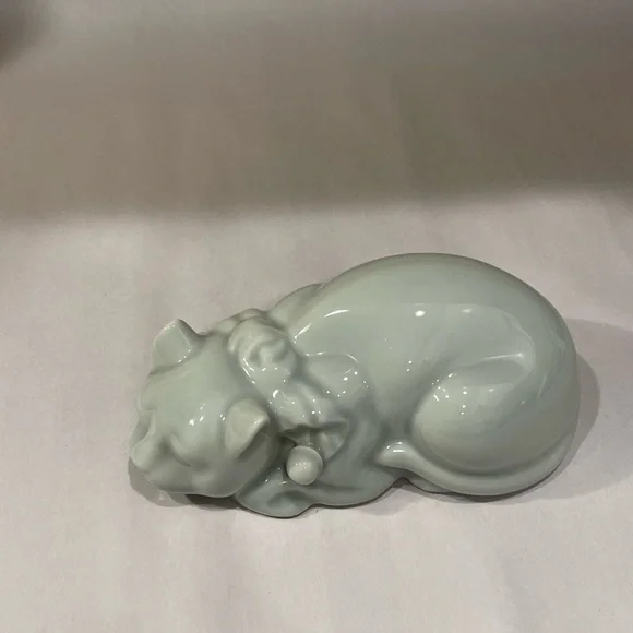Vintage Sleeping Cat Japanese Celadon Nemuri Neko Figurine Okimono Mid Century