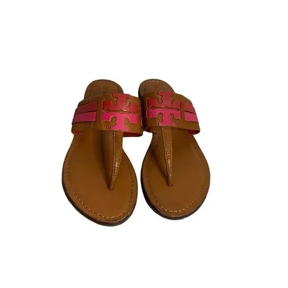 TORY BURCH LEIGH AMBRA CARNELIAN AZALEA LEATHER THONG SANDALS Women’s Size 8