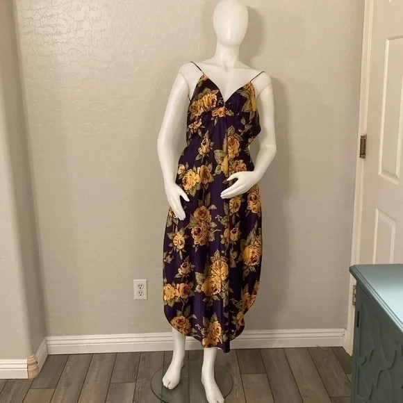 Vintage Linda Purple Satin With Yellow Roses Slip Dress Small