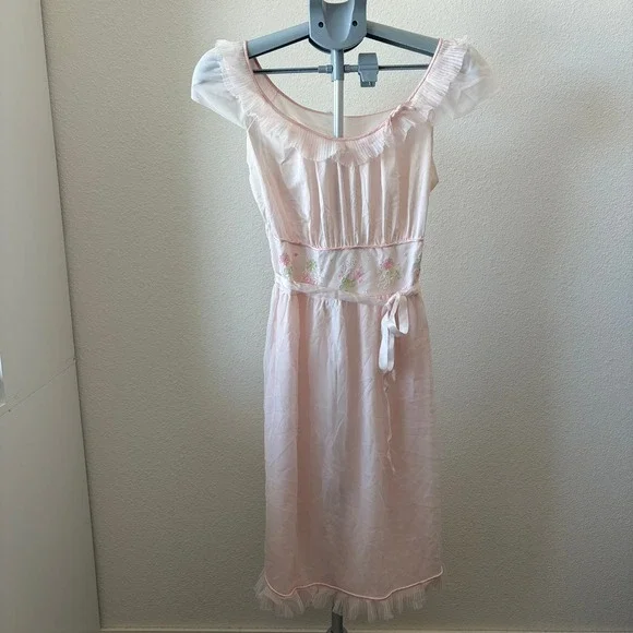 Charmode Nightgown Women 38 Pink Vintage Floral Embroidered Ruffle Sheer Sears