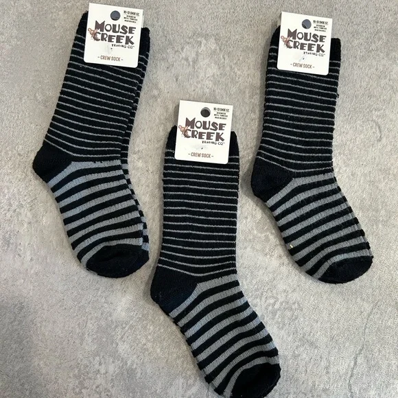 NWT - 3 kids black and grey striped crew socks, size 10-13