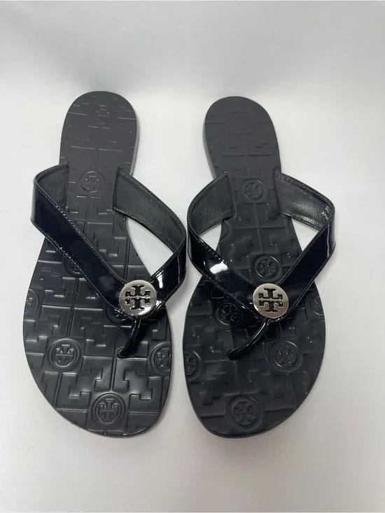 Tory Burch Black Patent Leather Thong Sandals Flip Flops Silver Logo Sole 8M