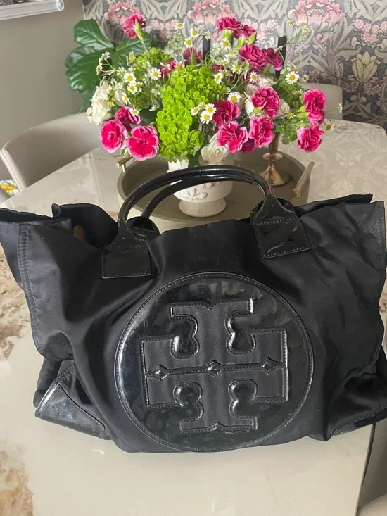 Tory Burch Black Nylon Tote with Gloss Logo