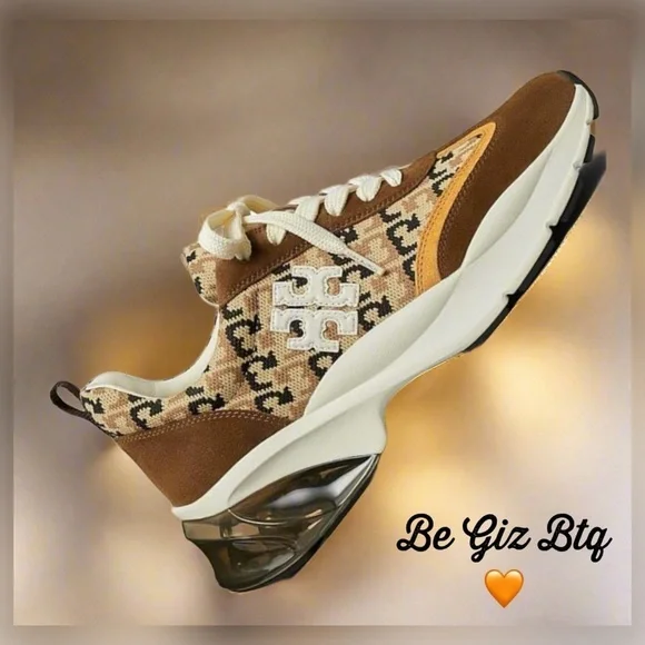 🔥🔥Tory Burch Good Luck Bubble Trainer T Logo Knit New Cream And Chestnut Size11M