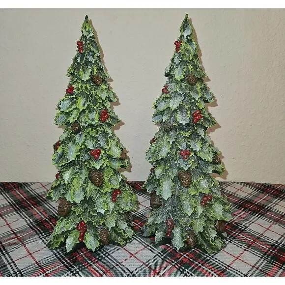 Set Of 2 Elegant Holly & Berry Evergreen Holiday Resin Tree Decor