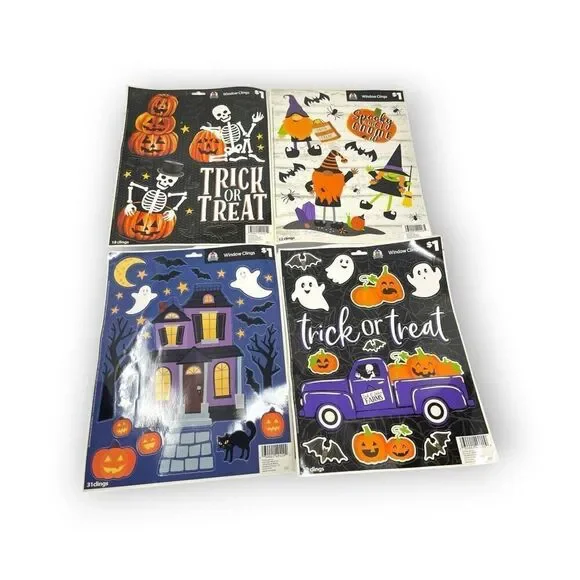 Vintage Halloween Print Window Clings Trick or Treat Ghost Pumpkin Gnomes Skelly