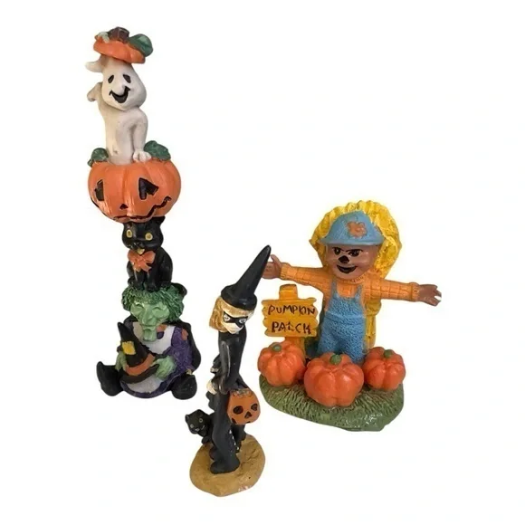 Vintage Halloween Figurine Trio with Pumpkins