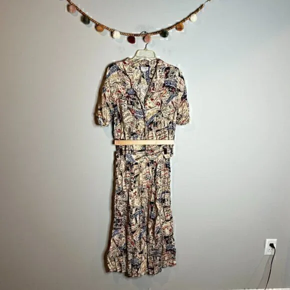 Vintage travel patterned skirt and shirt matching set