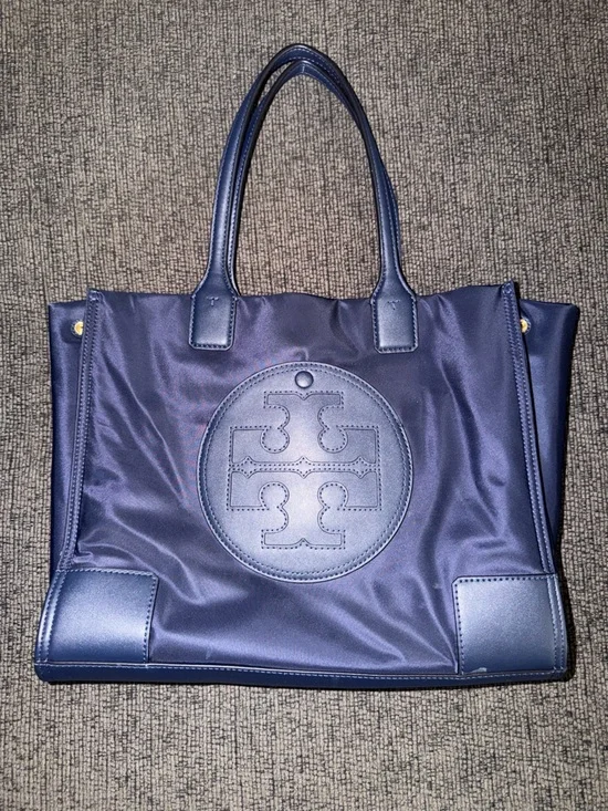 Tory Burch Navy Logo Tote with Leather Trim