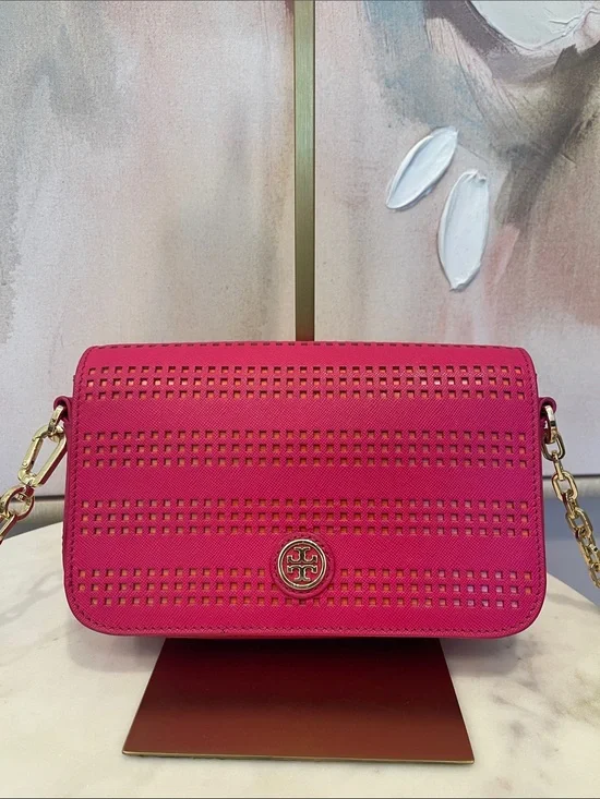 Tory Burch Hot Pink Perforated Leather Crossbody with Gold Hardware