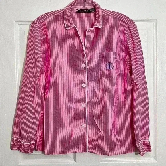 Lauren Ralph Lauren Pink and white Pajama Button Down top with blue | size small