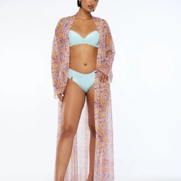 Savage X Fenty Multicolored Cyber Cat Long Robe Blue Bralette & Cheeky Panty Set