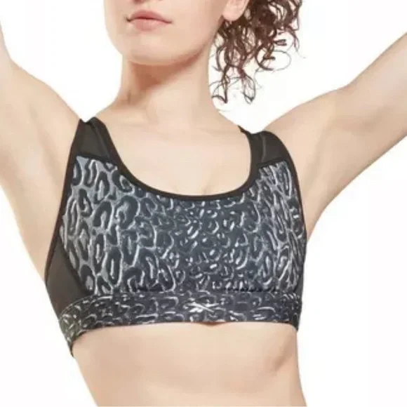 NEW Reebok TS Lux Racerback Sports Bra Leopard Black Size XS NWT