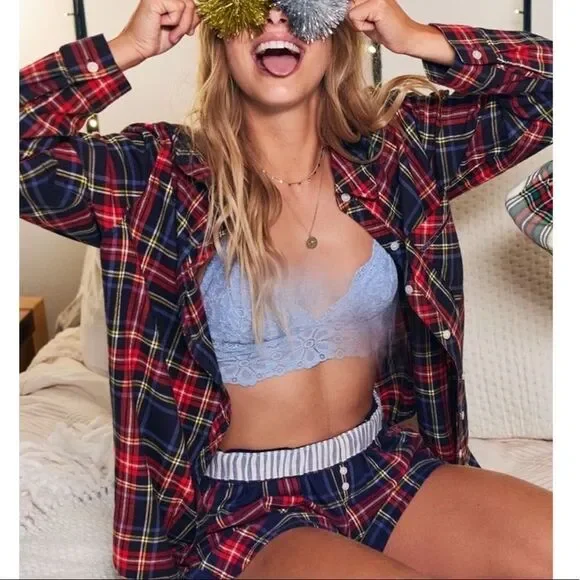 Aerie Flannel Plaid Button Down Pajama Shirt New With Tags Size XS
