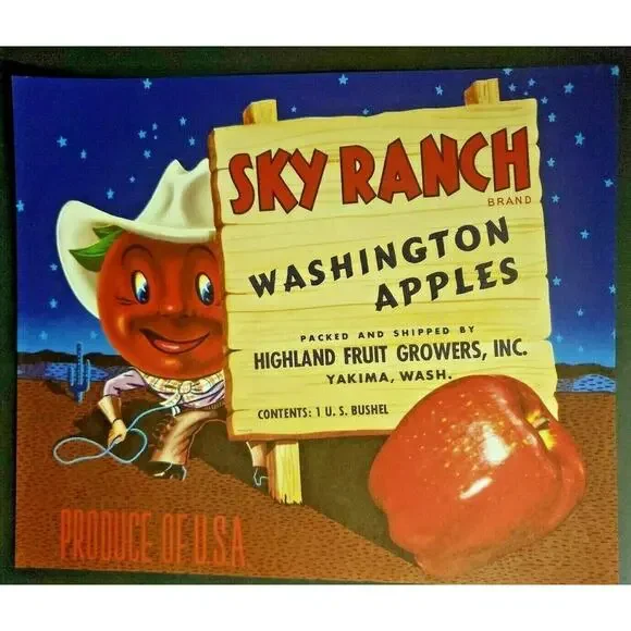 Vintage Sky Ranch Original 1940s Yakima, WA Apples Crate Label WS8D