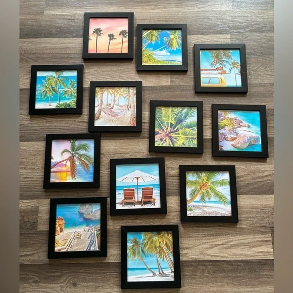 7x7 Beach Theme Pictures in Black Wood Frames Set of 12