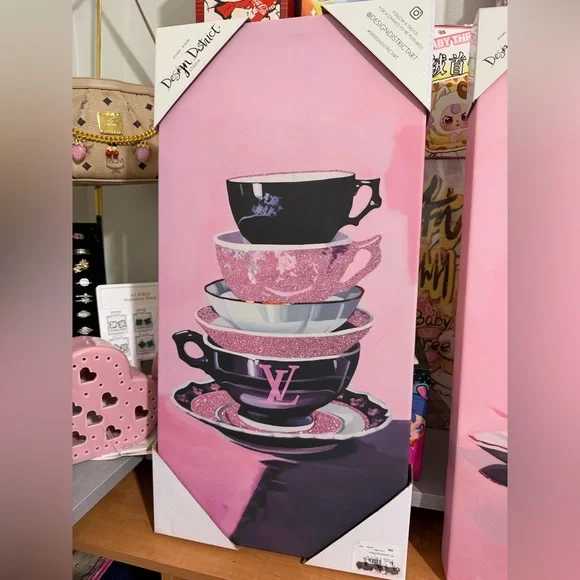 Pink Glitter Teacup Stack Wall Art