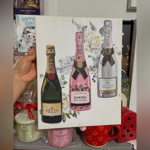 Sparkling Champagne Bottle Canvas Print - Pink, Green, Silver
