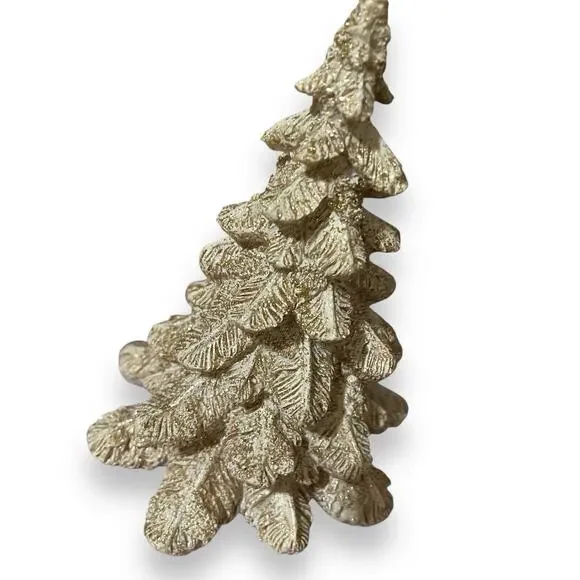 Decorative Figurine Christmas Tree Gold Ivory White Glittered 6 IN Tall Chic EUC