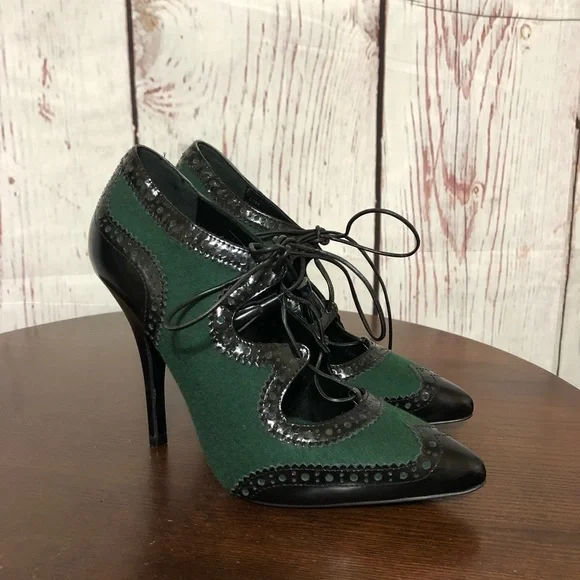 TORY BURCH HAWTHORN Runway Malachite Green Black Patent Lace up Stilettos 7.5