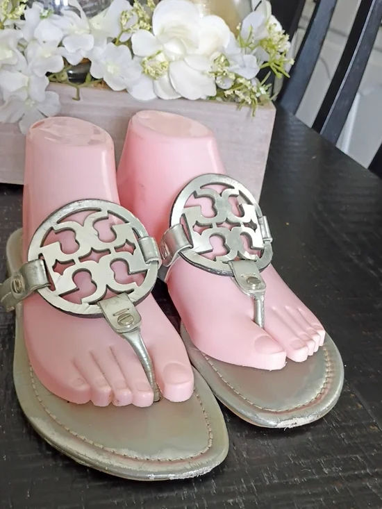 Tory Burch Miller Silver Logo Thong Sandals