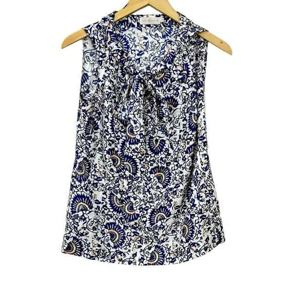 Tory Burch Silk Floral Blouse Top Tie-Neck Sleeveless Blouse Women’s‎ Sz 4 NWOT