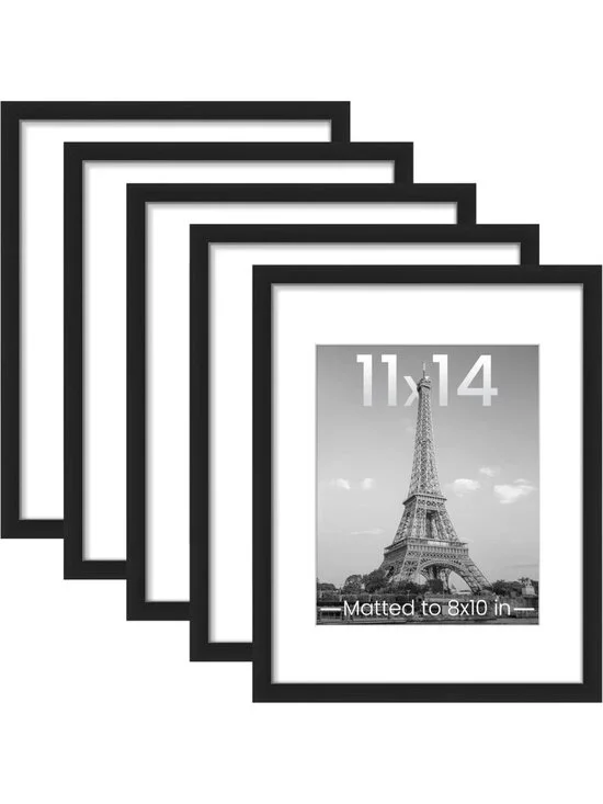 Set of 5 Black Picture Frames 11x14 & 8x10 with Mat for Wall Gallery Display