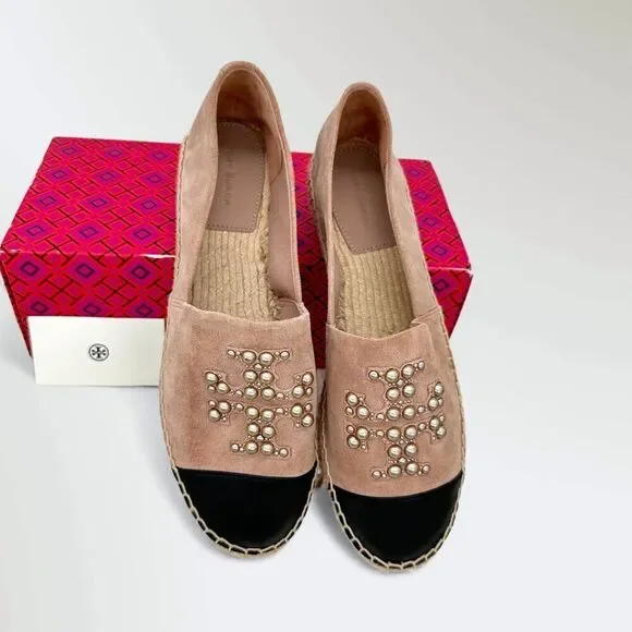 Tory Burch Pearl Logo Espadrille Flats Sensory MFO Suede Meadowsweet Womens 10