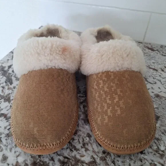 Tory Burch genuine Leather Suede sheepskin fur slippers size 7