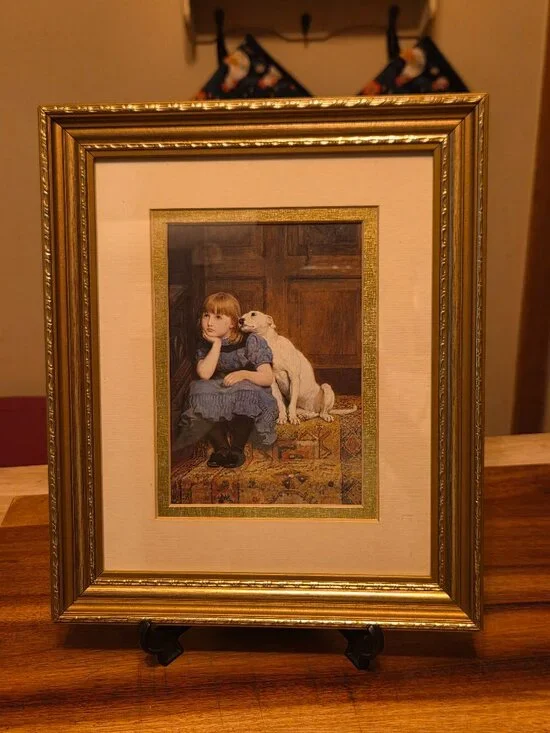 vintage framed print Briton Rivera sympathy little girl and dog sitting on step