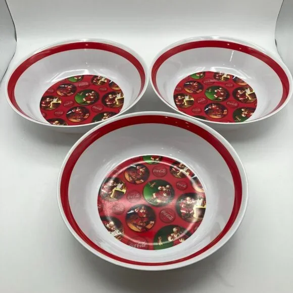 3 Coca-Cola Coke Holiday Santa Christmas Serving Bowls 10” inch Plastic Bowl EUC