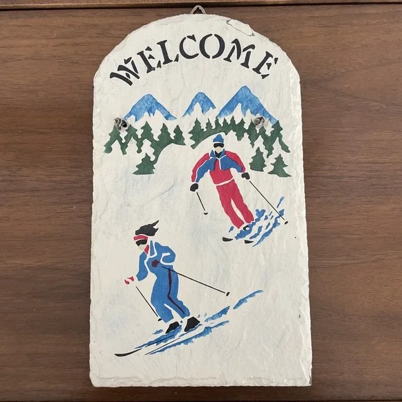 Hand Painted Slate Welcome‎ Sign Cross Country Skiing Winter Scene