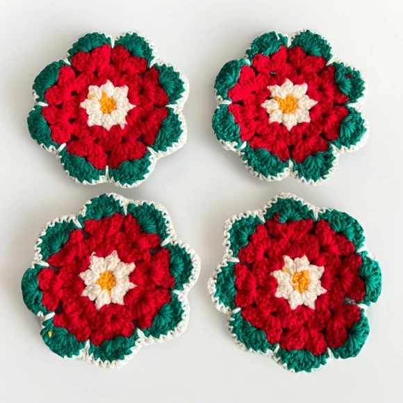 Poinsettia Christmas Coasters Pads Handmade Crochet Woven 4 Pk Home Decor 4
