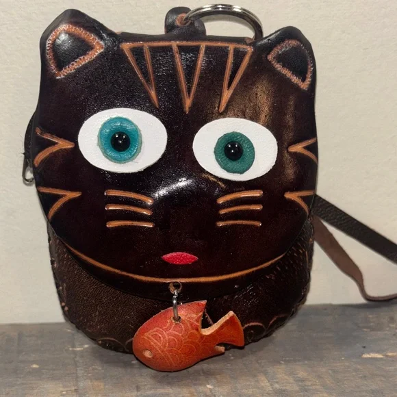 Brown Cat Face Leather Wristlet Bag