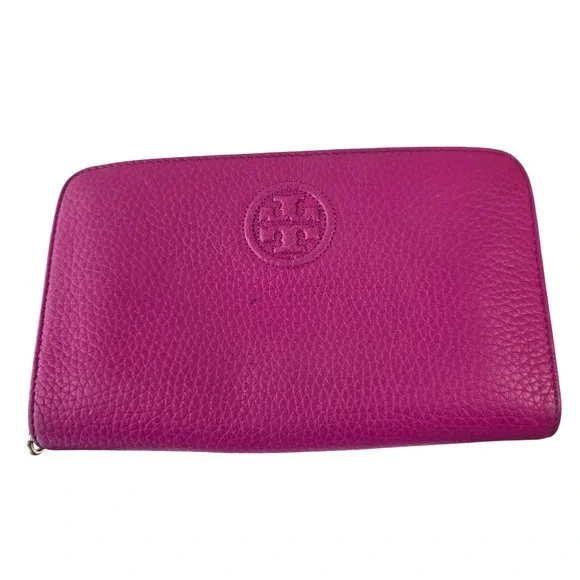 Tory Burch Miller Zip‎ Continental Wallet Magenta Pink Pebbled Leather Good
