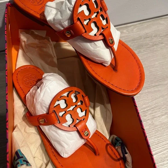 Tory Burch Orange Leather Logo Thong Sandals