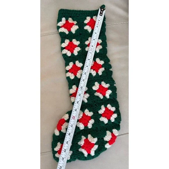 Vintage Crocheted Granny Square Christmas Stocking Large 21” Red Green White