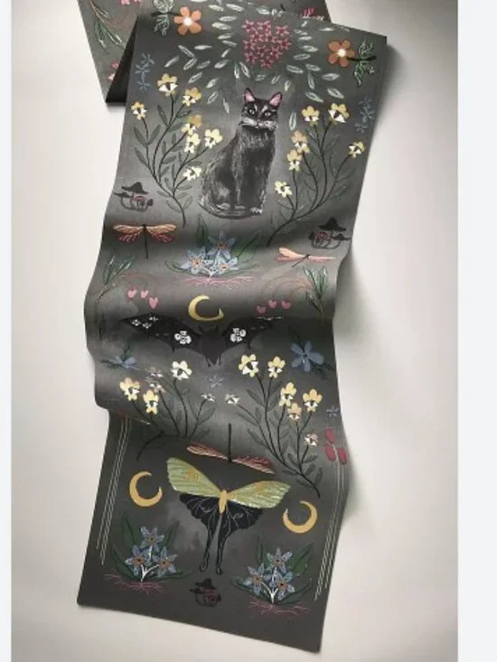 Anthropologie - Halloween - Mystic Bats Table Runner in Dark Grey Motif - NWT