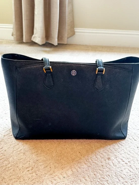 Tory Burch Black Leather Saffiano Tote with Gold Accents