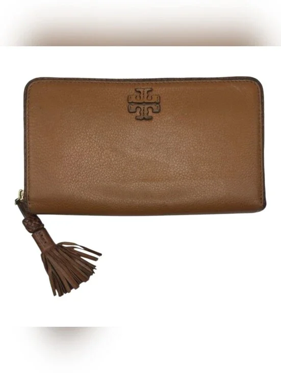 Tory Burch Brown Leather Zip Wallet with Braided Trim And Tassel