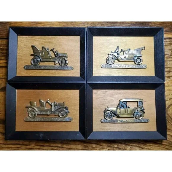 4 Vintage Framed Brass Wall Hangings Plaques Buick Chevrolet Automobiles Japan